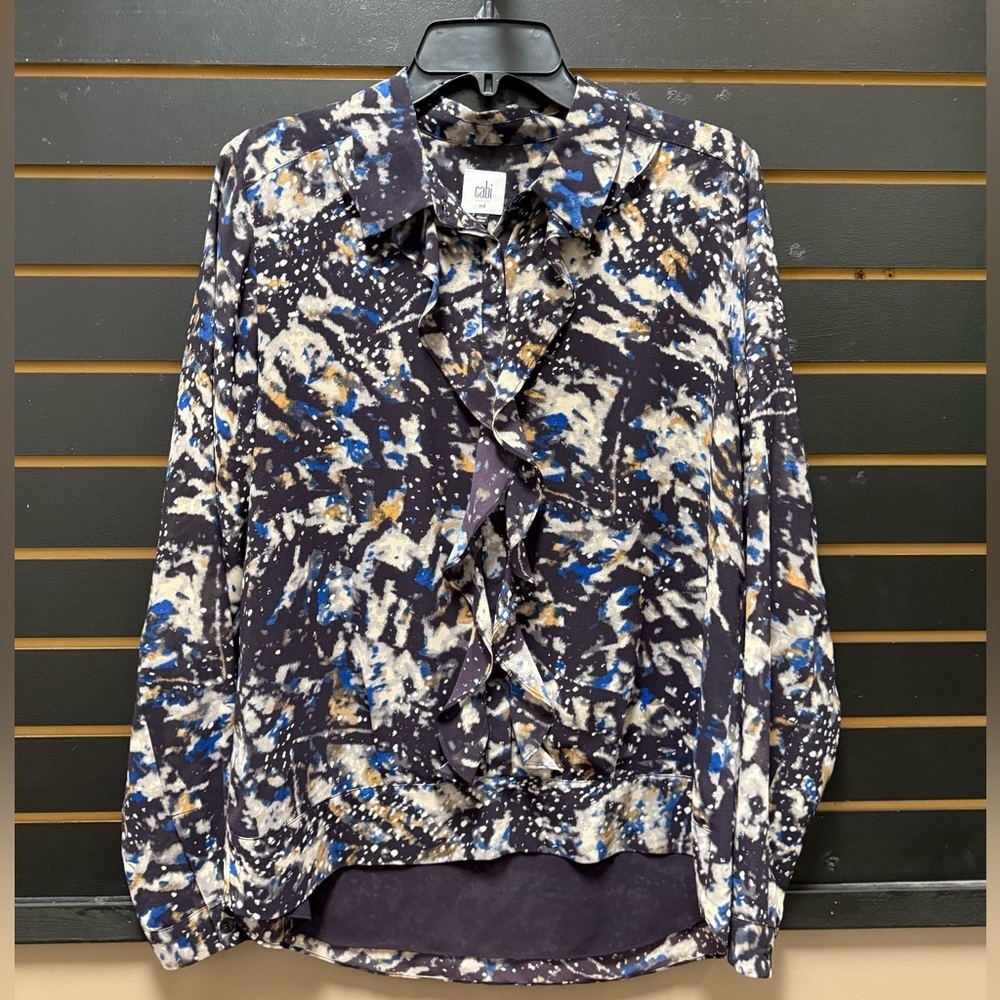 CAbi Abstract Print Ruffle Front Blouse Size M
